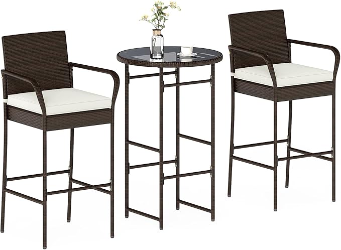 Tangkula 3 Piece Outdoor Bar Set, Patio Rattan Heavy Duty Bar Height Glass Top by TANGKULA