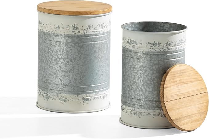 Glitzhome Rustic End Table Set of 2, Farmhouse Galvanized Metal Barrel Ottoman - Image 3