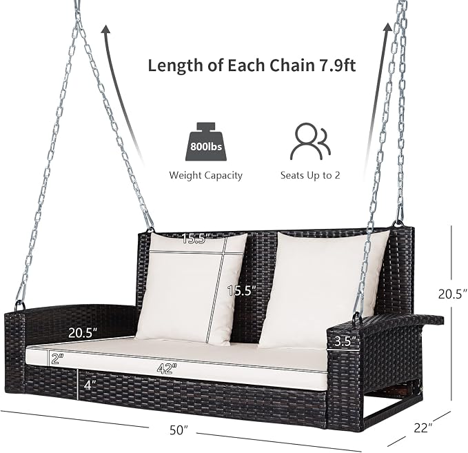 RELAX4LIFE Porch Swing 2-Seat Patio Rattan, Wicker Porch Swings Outdoor W/Two - Image 8