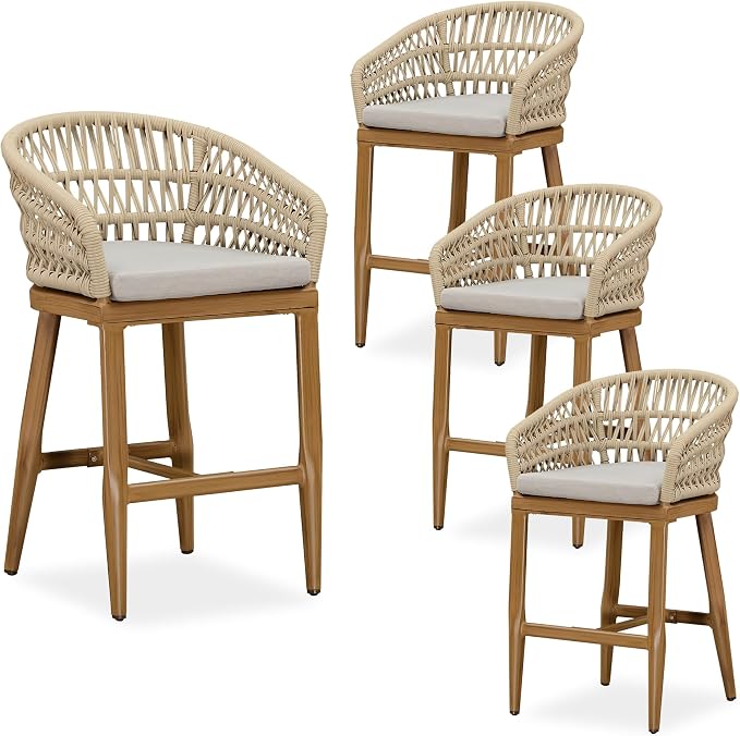 PURPLE LEAF Outdoor Rattan 24" Counter Height Bar Stools Set of 4, Aluminum Bar by PURPLELEAF