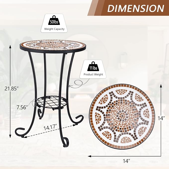 VCUTEKA Outdoor Side Table Mosaic Patio Table Accent Tables Mosaic Tile Top - Image 3