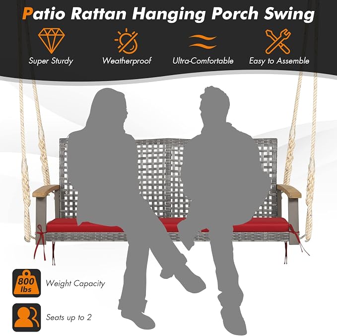 Happygrill 2-Person Patio Porch Swing Chair, Outdoor Rattan Swing Bench - Image 4
