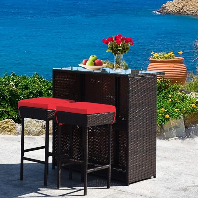 HAPPYGRILL 3-Piece Patio Bar Set Rattan Wicker Bar Stools & Table - Image 4