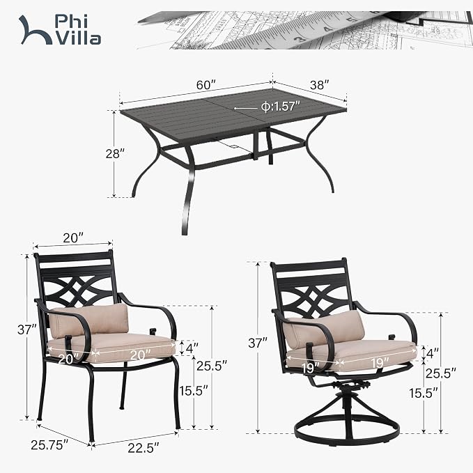 PHI VILLA 7 Pcs Patio Dining Sets, Outdoor Table Chair Set - Image 9