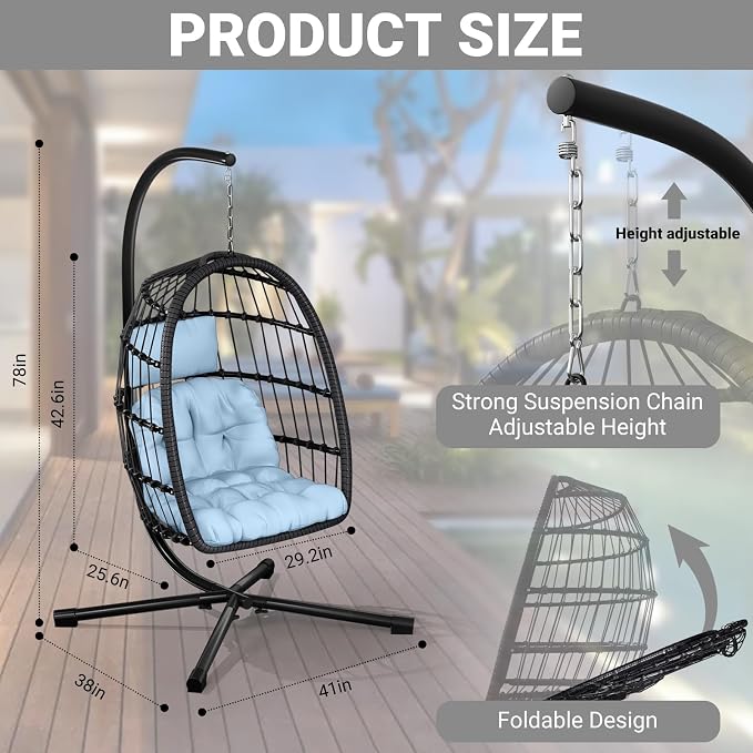 CHABATREE Egg Chair with Stand, Patio Rattan Wicker Hanging Swing Egg Chair - Image 4