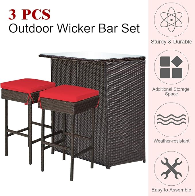 Tangkula Patio Bar Set, 3 Piece Outdoor Rattan Wicker Bar Set - Image 6