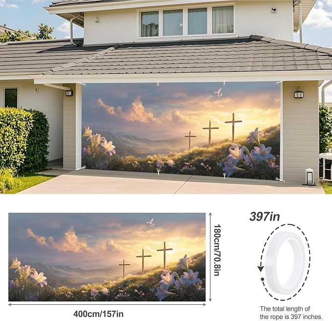 ANNA QUEEN Easter Cross Garage Door Banner 6x13FT, Sunrise Mountain Crosses - Image 3