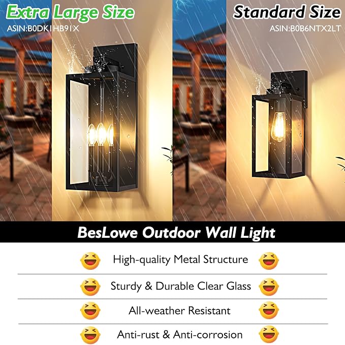 BesLowe 19.6” Large Size Outdoor Wall Light Fixture, 3-Light Exterior Lighting - Image 2