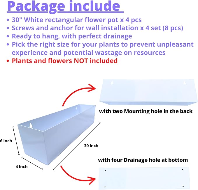 LaLaGreen Wall Planter White Carbon Steel Metal Hanging Flower Pots, Long - Image 2