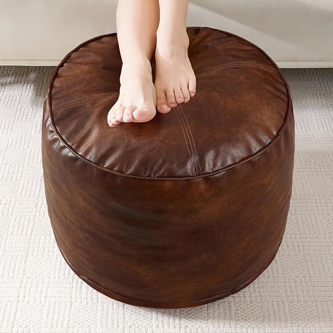 HIGOGOGO Round Stuffed Pouf Ottoman, Pu Leather Poufs by HIGOGOGO