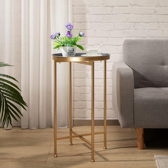 HollyHOME Small Round Metal Waterproof End Table, Accent Indoor&Outdoor Coffee - Image 2