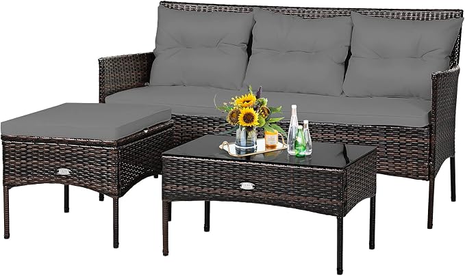 Tangkula 3 Pieces Patio Conversation Set, All Weather Outdoor PE Rattan Wicker by TANGKULA