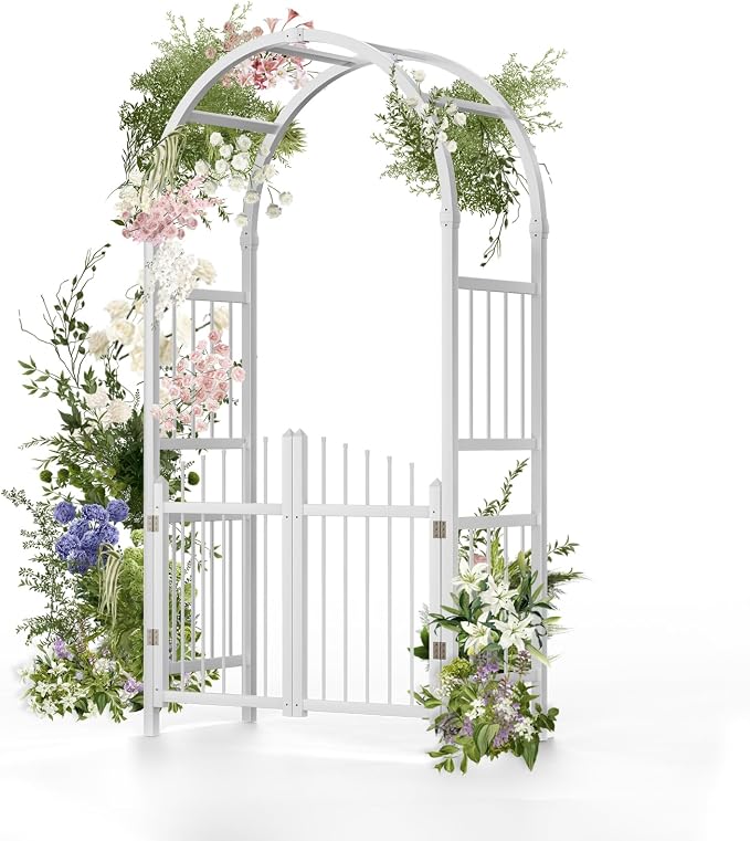 VINGLI Garden Arbor with Gate, PVC Frame Trellis Garden Arch by VINGLI