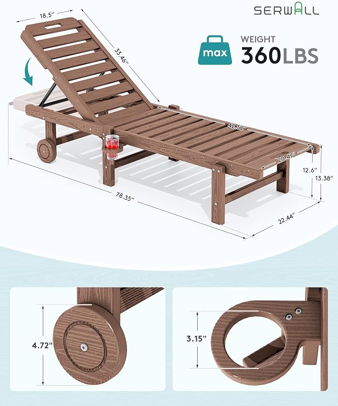 SERWALL Outdoor Chaise Lounge Set of 6, HDPE Pool Lounge Chair - Image 2
