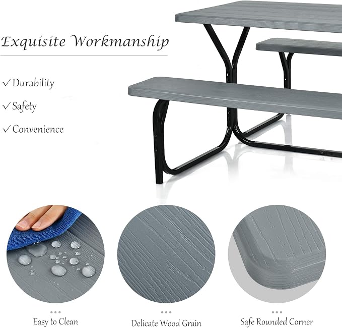 Giantex Picnic Table Bench Set Outdoor Camping All Weather Metal Base Wood-Like - Image 4