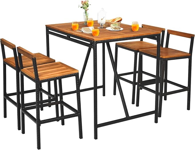 Tangkula 5-Piece Outdoor Acacia Wood Bar Table Set, Bar Height Outdoor and - Image 9