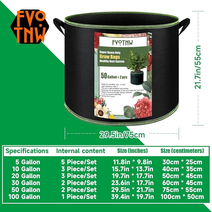 2-Pack 50 Gallon Plant Grow Bags, Thickened Nonwoven Fabric Pots - Image 2