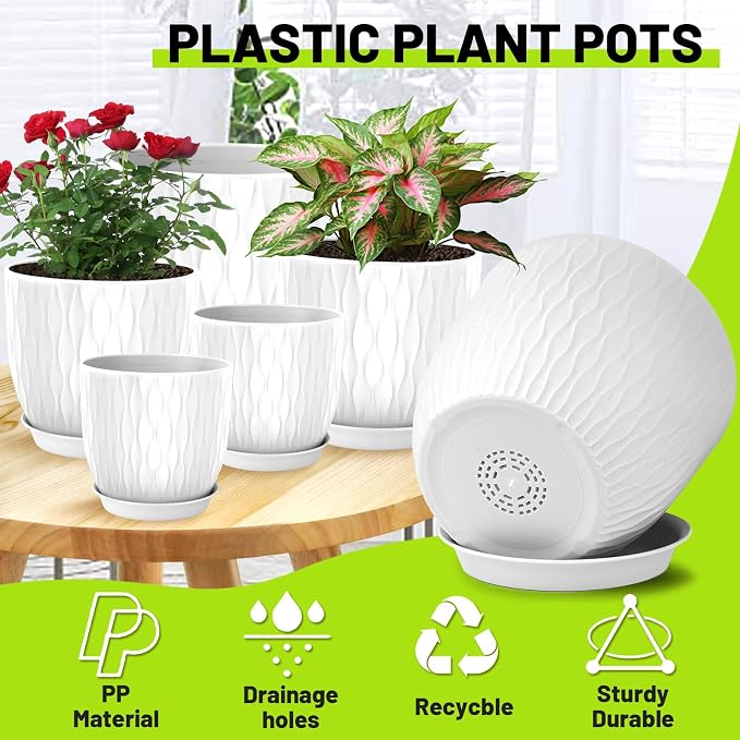 Plastic Plant Pots 10/9/8/7.5/7 inch Set of 5, Flower Planters - Image 3