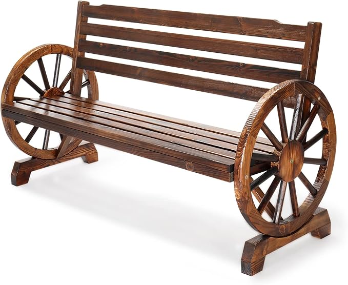 VINGLI Rustic Wooden Wheel Bench Outdoor Bench, Patio Bench Wagon Slatted Seat by VINGLI