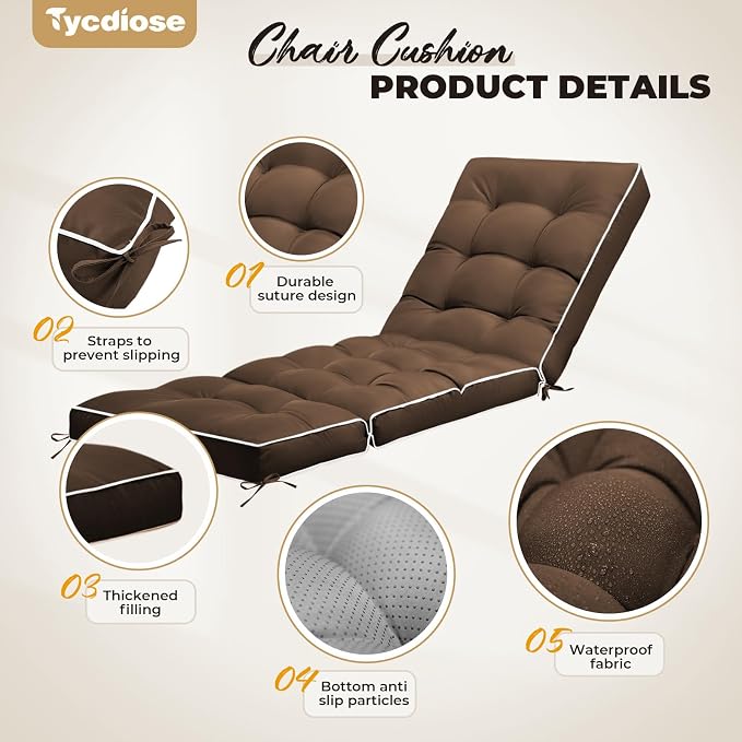 Outdoor Chaise Lounge Chair Cushion, Waterproof Non-Slip Patio Chaise Lounge - Image 5