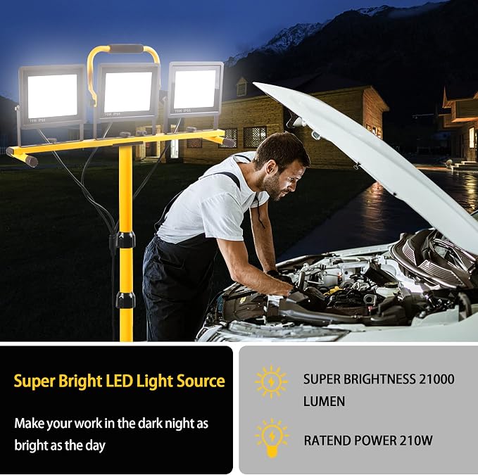 22000 Lumen Work Lights with Stand, 3 Head Portable LED Work Light, with - Image 3
