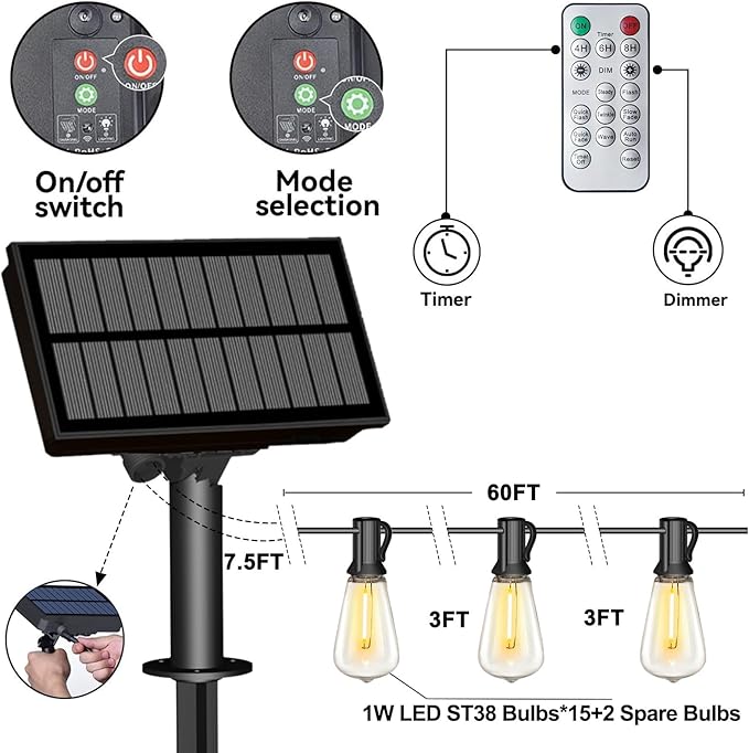 Stright 60FT Solar String Lights Outdoor Weatherproof - Image 2