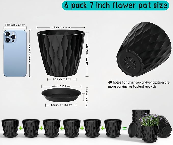 6 Pack 7 Inch Plant Pots with Drainage and Saucers, Stackable Nursery Planters - Image 2