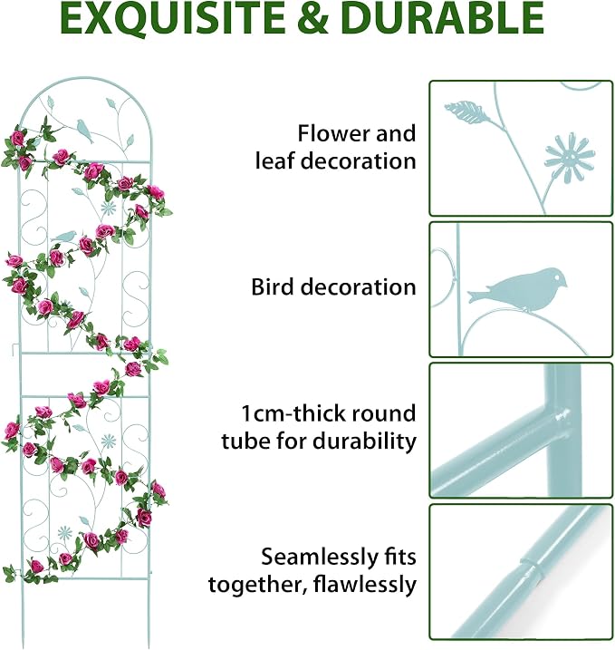 Metal Garden Trellis for Climbing Plants, 2 Pack 86.5" x 19.7" Green Plant - Image 5