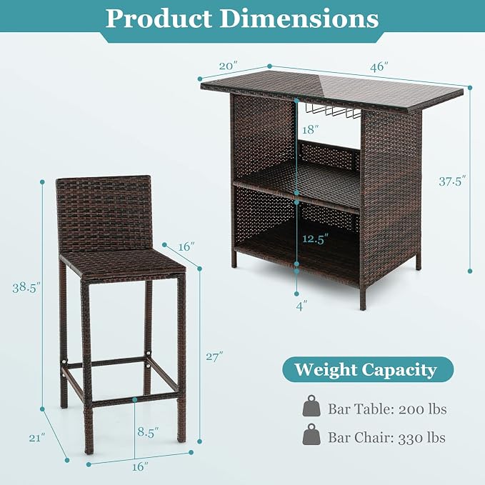 Tangkula Outdoor Bar Set, 3 Pieces Patio Wicker Bar Height Table and Chair Set - Image 4