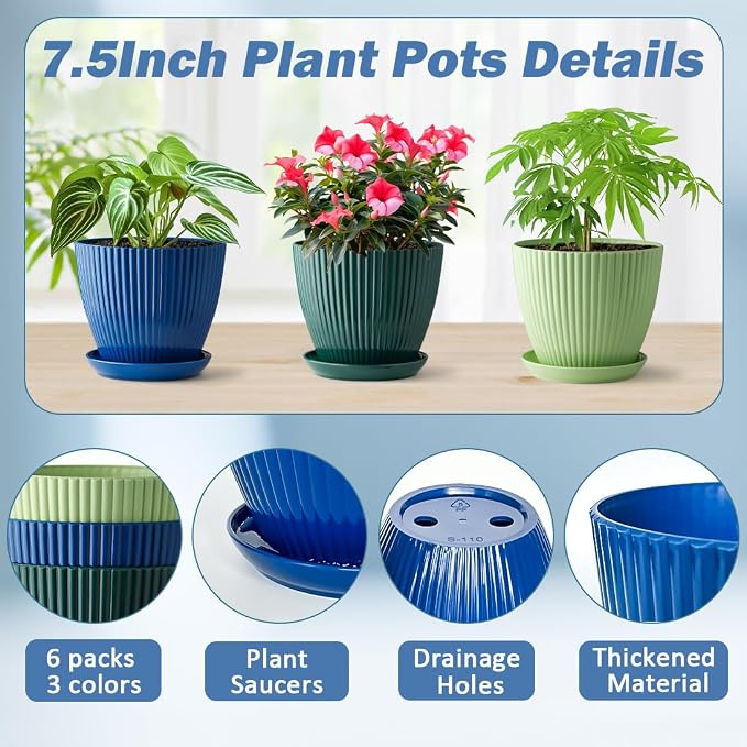 Plastic Plant Pots, 6 Pack 7.5 Inch Flower Pots - Image 5