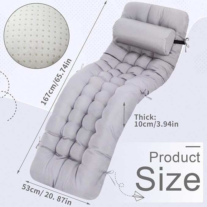 Tudomro 1 Pcs Light Gray 66'' Outdoor Chaise Lounge Cushion Waterproof Patio - Image 2