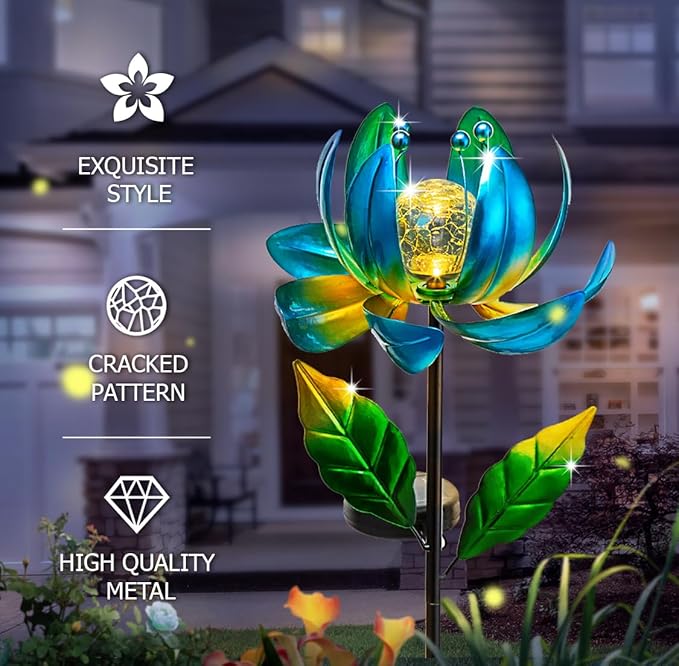 Solar Yard Lights Wind Spinners- Metal Lotus Flower Garden Decor LED Crackle - Image 2