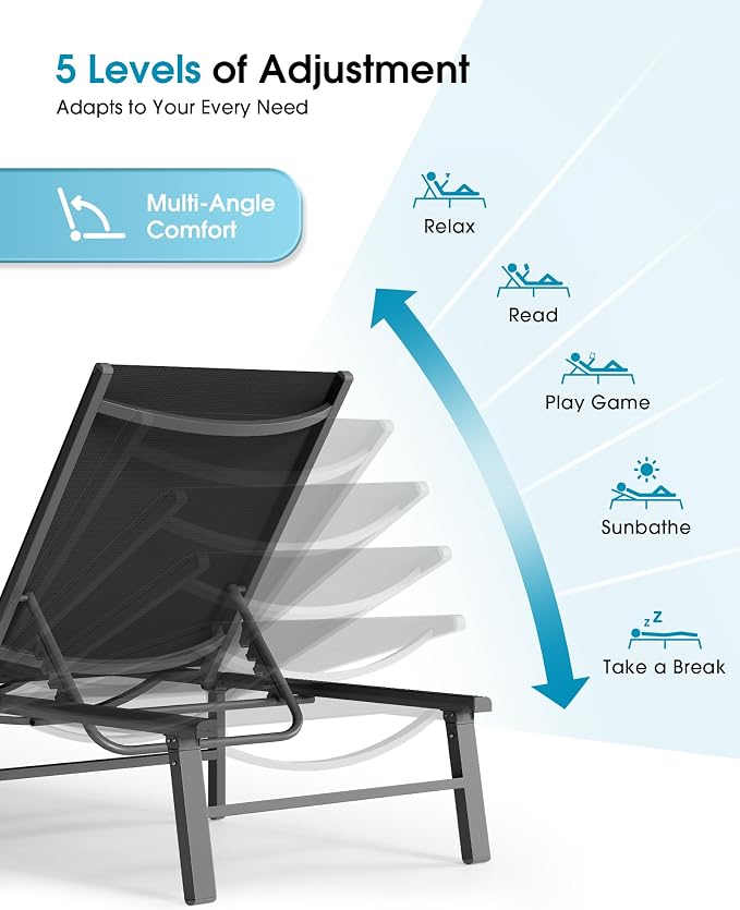 Ciokea Foldable Outdoor Lounge Chair Set of 4, No Assembly Aluminum Chaise - Image 7
