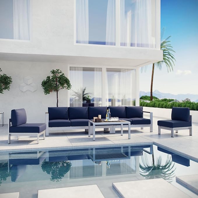 Modway Shore 6-Piece Aluminum Outdoor Patio Sectional Sofa Set in Silver Navy - Image 2