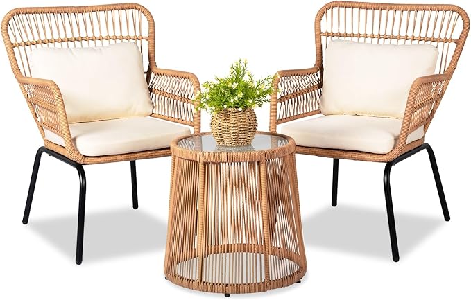 3 Piece Outdoor Wicker Furniture Bistro Set, Rattan Chairs Conversation Sets by HOMEZILLIONS