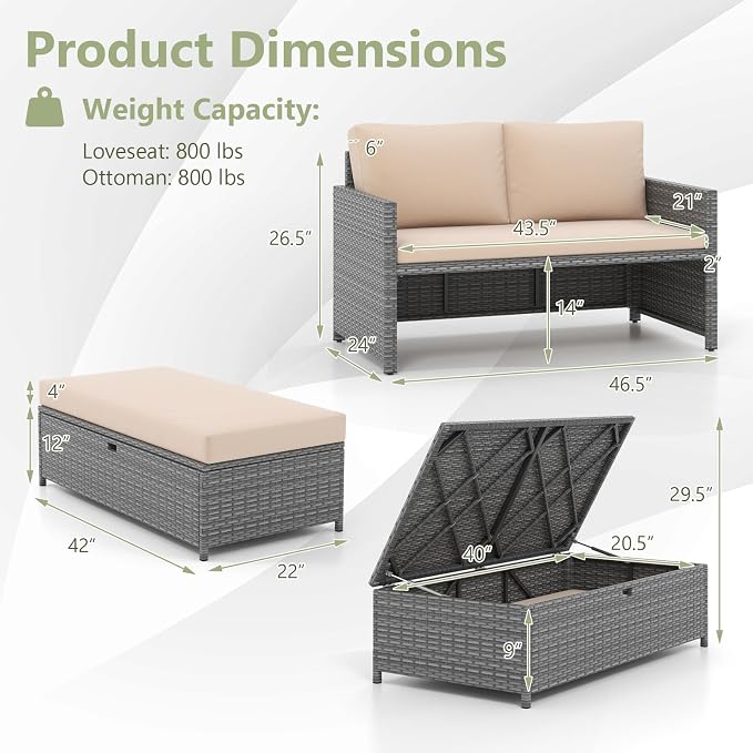 Tangkula Outdoor Rattan Daybed, Wicker Loveseat & 31 Gallon Storage Ottoman - Image 3