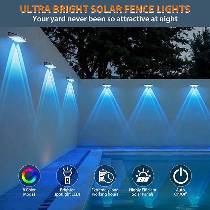 Solar Fence Lights Outdoor, 7 Fixed Colors ＆ Color Changing IP65 Waterproof - Image 8