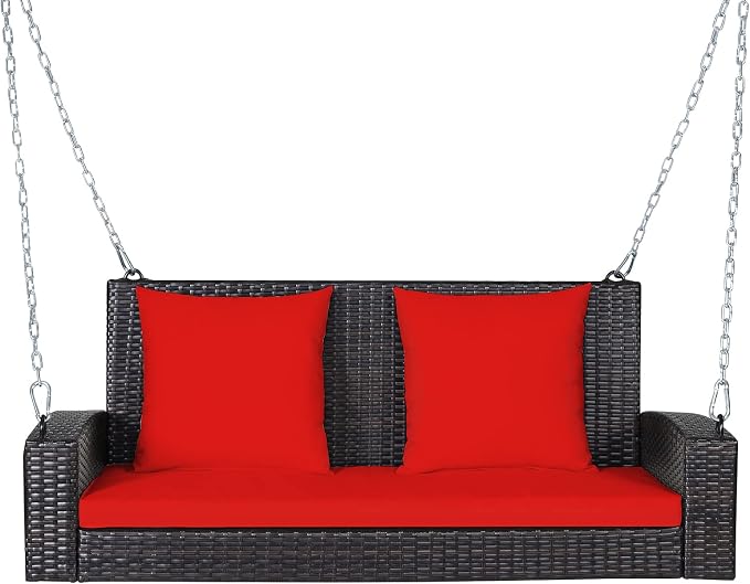 RELAX4LIFE Porch Swing 2-Seat Patio Rattan, Wicker Porch Swings Outdoor W/Two by RELAX4LIFE