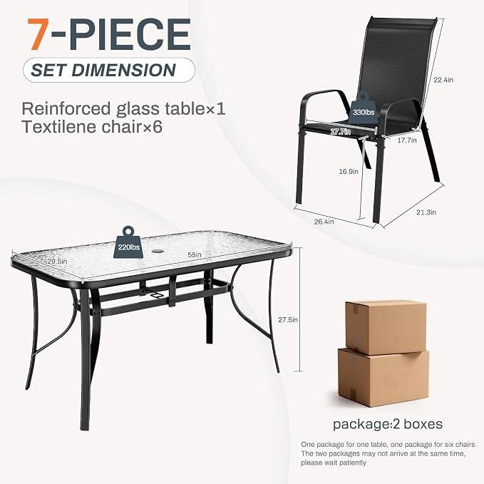 TLSUNNY 7 Pieces Patio Dining Set, Outdoor Table and Chairs W/1.69″ Umbrella - Image 2