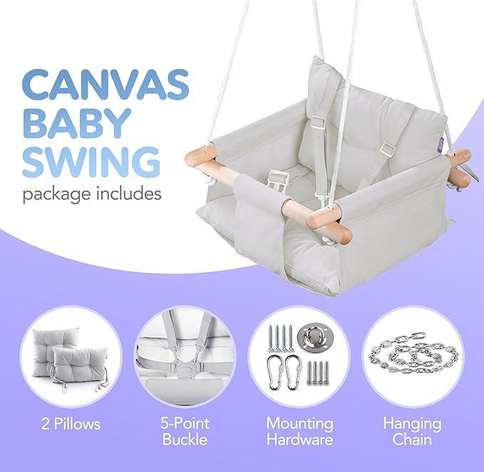 CaTeam - Canvas Baby Swing, Wooden Hanging Swing Seat Chair - Image 3