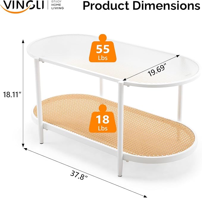 VINGLI 38" Rattan Oval Coffee Table, Glass Metal Center Table, Modern Coffee - Image 2