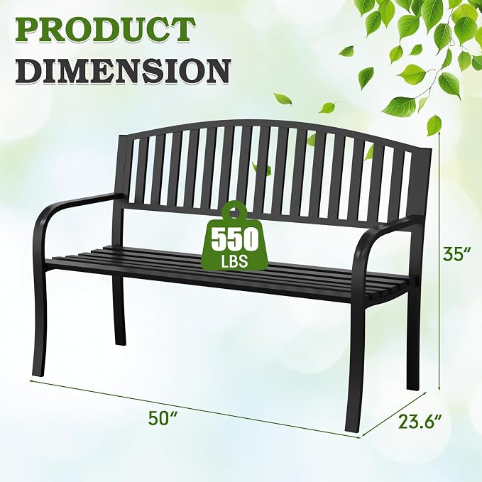 50" Outdoor Garden Bench, Iron Metal Frame Patio Bench - Image 3