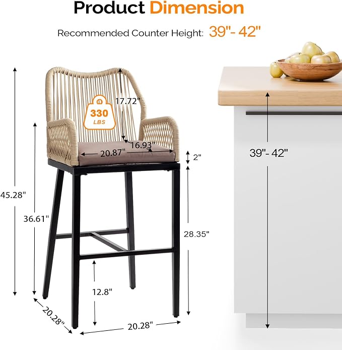 VINGLI Outdoor Bar Stools Set of 2, Heavy-Duty Outdoor Barstools Boho Woven - Image 3