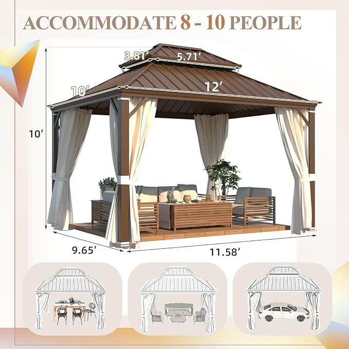 YOLENY 12' x 12' Gazebo, Galvanized Steel Double Roof Hardtop Gazebo - Image 3