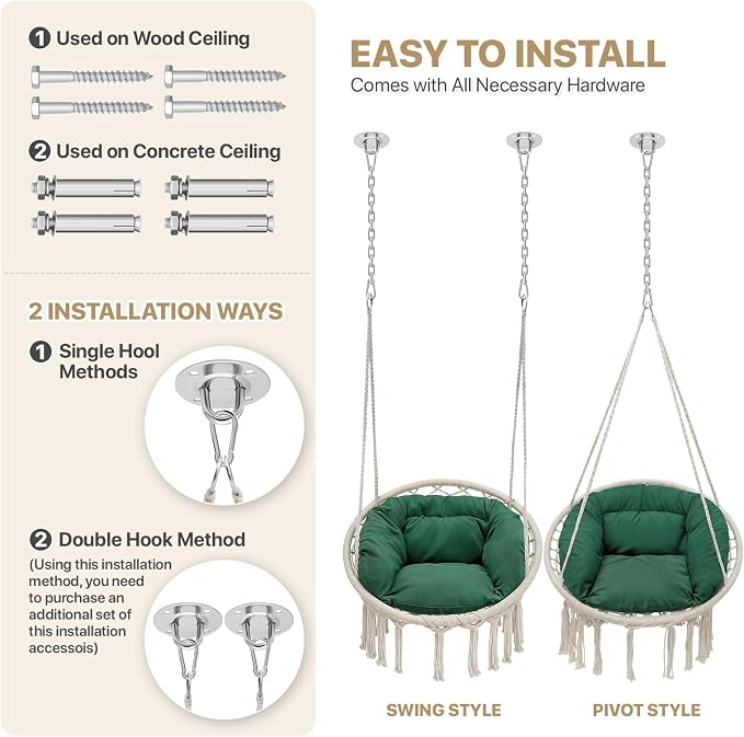 Monibloom Hanging Hammock Chair w/Dark Green Cushion, Porch Macrame Swing Chair - Image 5