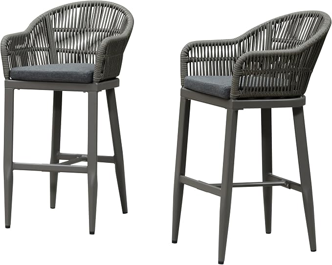 PURPLE LEAF Outdoor Bar Height Stools Set of 2 Patio Metal Modern Wicker Rattan - Image 8