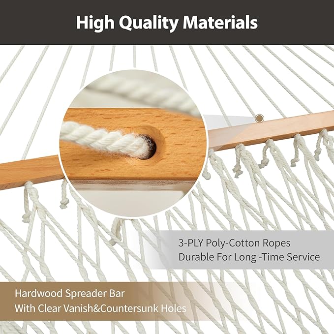 Outdoor Double Hammock with Hardwood Spreader Bars, Large Rope Hammock with - Image 4