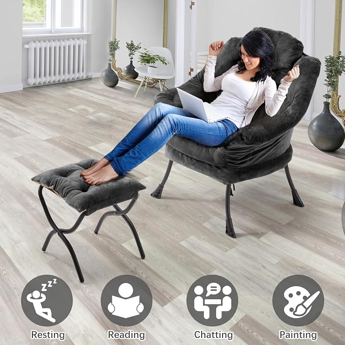 Lazy Chair with Folding Ottoman, Leisure Sofa Chair, Soft Fabric Armchair with - Image 7