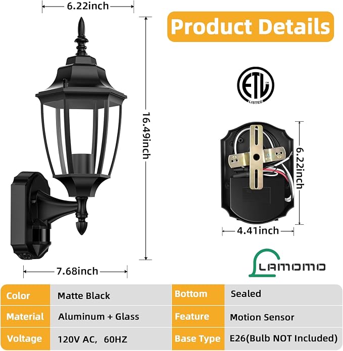 Lamomo Outdoor Wall Sconce, 2 Pack Dusk to Dawn Motion Sensor Light Fixtures - Image 6