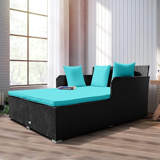RELAX4LIFE Rattan Patio Outdoor Daybed, Wicker 2-Person Sunbed Loveseat - Image 2
